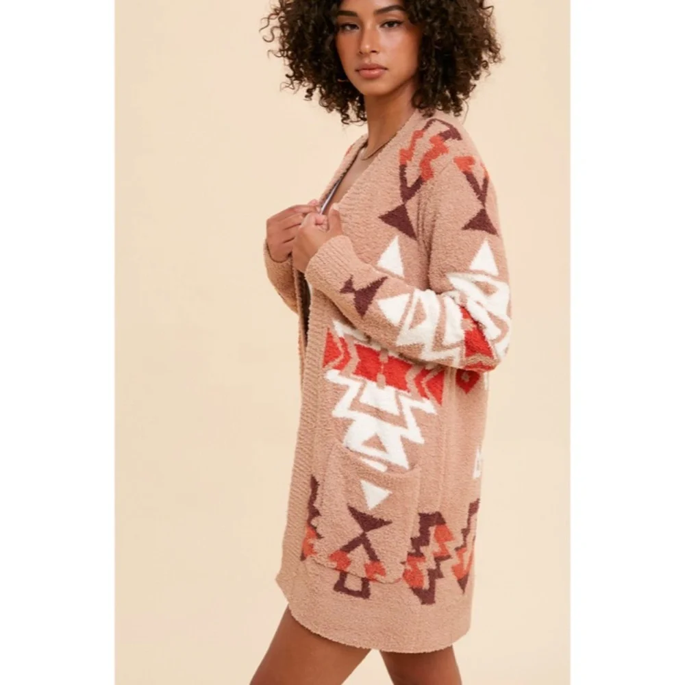 SOLD OUT Sand Multi Color Aztec Tribal Fuzzy Soft Knit Cardigan Sweater - Picture 7 of 11
